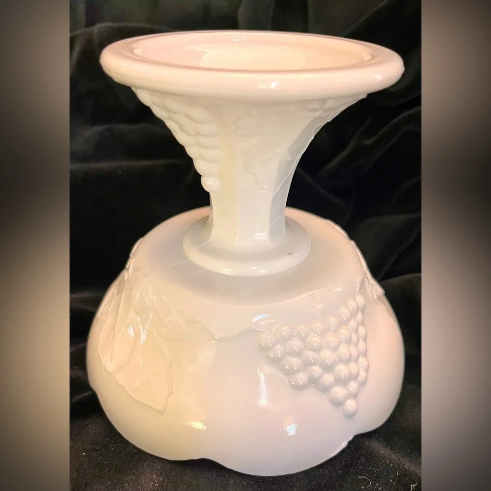 Indiana Glass Colony Harvest White Milk Glass Pedestal Candle Holder Grape VTG